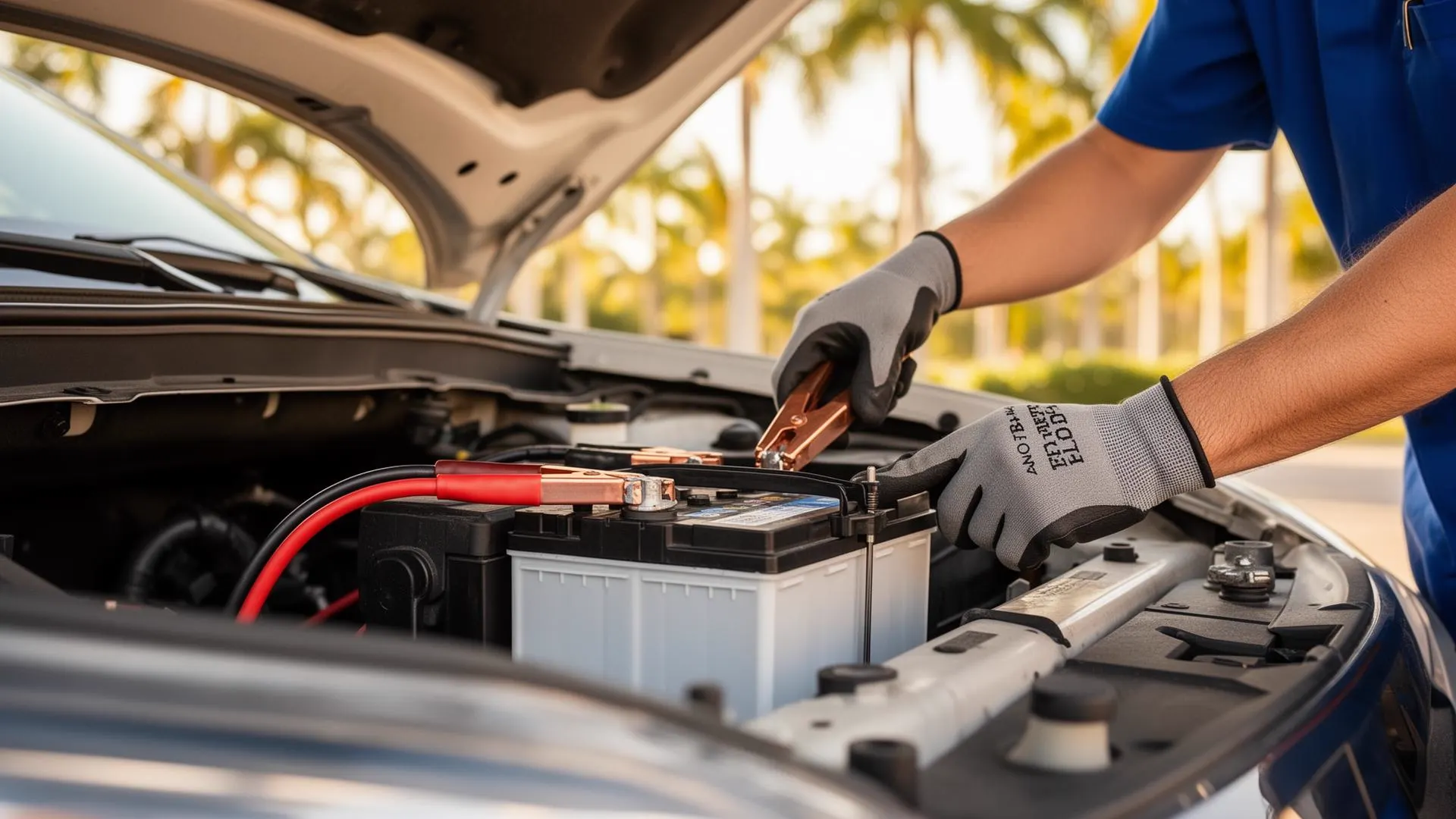 Professional mobile auto mechanic working on a car in Florida driveway
